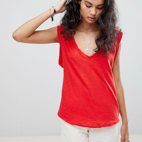 Free People Cleo Red V-Neck Tee in Red size Medium Cotton Casual Slouchy Tank - Picture 5 of 13